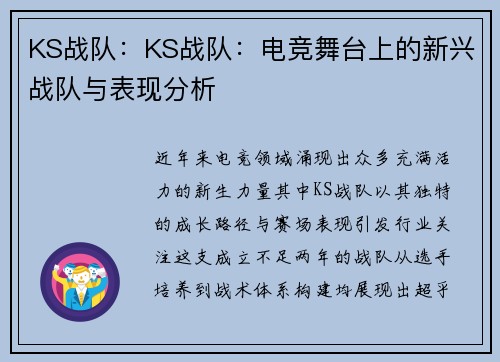 KS战队：KS战队：电竞舞台上的新兴战队与表现分析