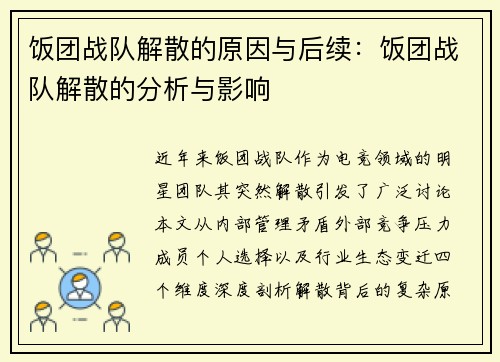 饭团战队解散的原因与后续：饭团战队解散的分析与影响